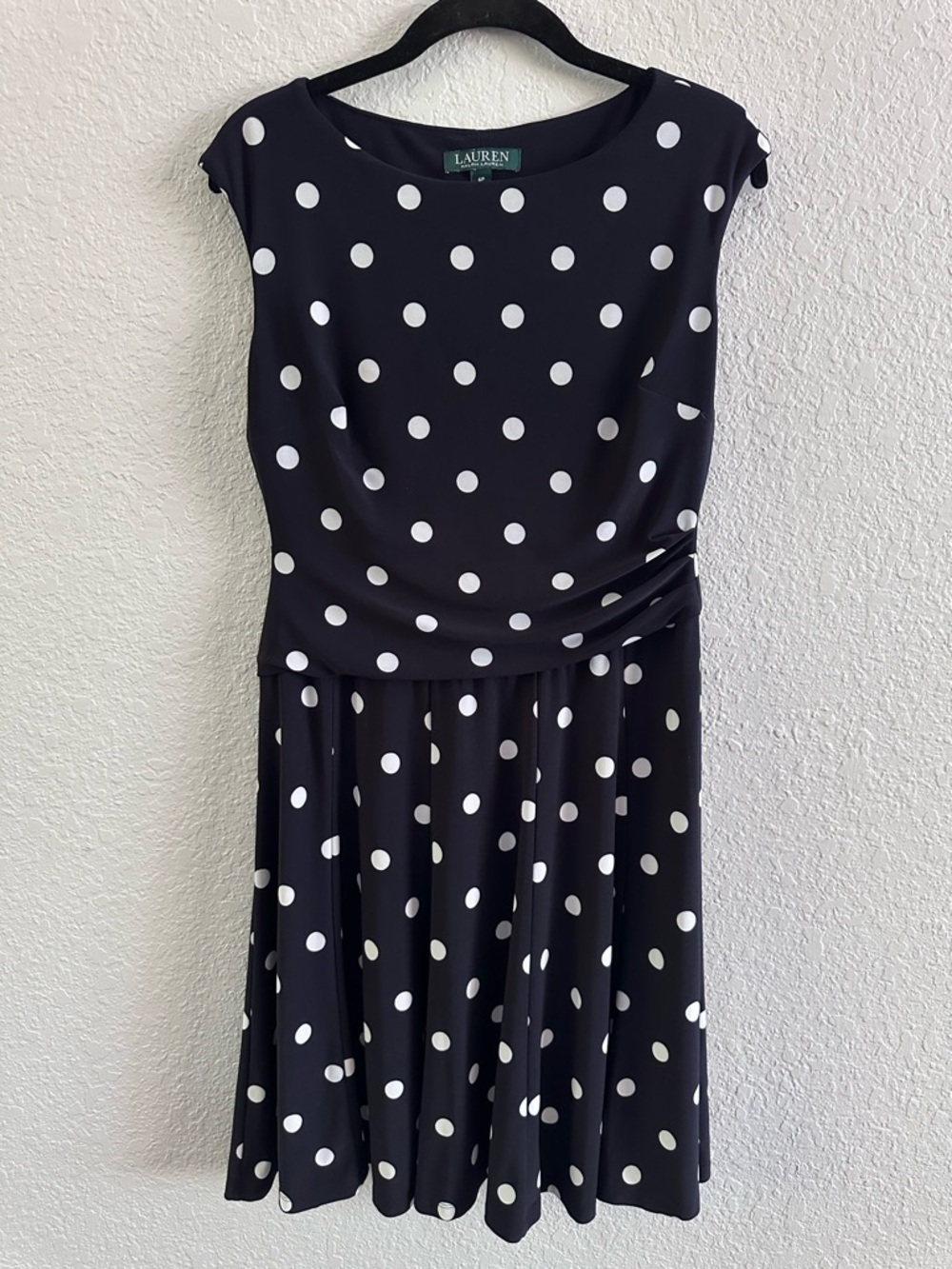 Lauren Ralph Lauren Black White Polka Dot Dress Petite 6 Ruched Fit Flare